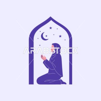 رسم توضيحي لامرأة مسلمة تصلي مع الهلال والنجوم