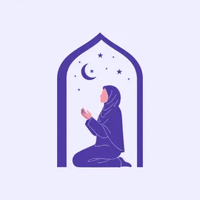 رسم توضيحي لامرأة مسلمة تصلي مع الهلال والنجوم