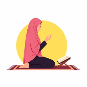 رسم توضيحي لامرأة مسلمة تدعو مع القرآن الكريم