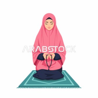رسم توضيحي لامرأة مسلمة تصلي على سجادة الصلاة