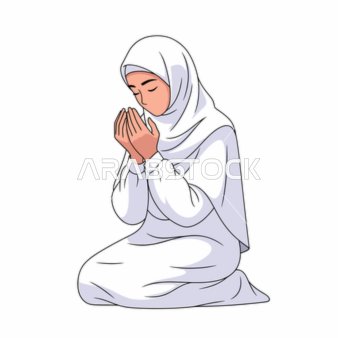 رسم توضيحي لامرأة مسلمة تدعو الله بملابس الصلاة