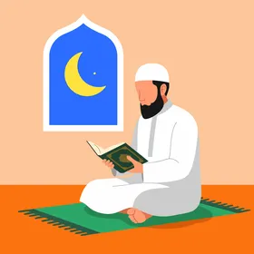 رجل مسلم يقرأ القرآن الكريم رسم توضيحي مع هلال في الليل