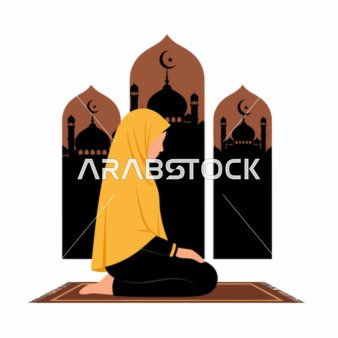Muslim Woman Praying with Mosque Silhouette Vector