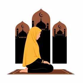 Muslim Woman Praying with Mosque Silhouette Vector