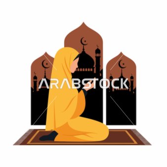 رسم توضيحي لامرأة مسلمة تصلي مع ظلال المساجد