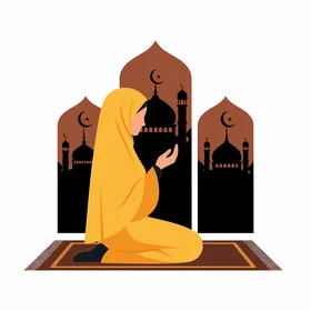 رسم توضيحي لامرأة مسلمة تصلي مع ظلال المساجد