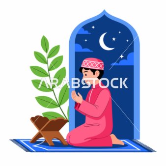 Muslim Boy Praying on Mat Under Crescent Moon Night Sky