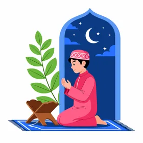 Muslim Boy Praying on Mat Under Crescent Moon Night Sky