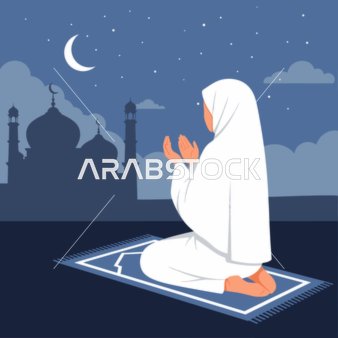امرأة مسلمة تدعو ليلاً مع صورة ظلية للمسجد