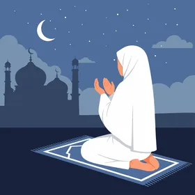 امرأة مسلمة تدعو ليلاً مع صورة ظلية للمسجد