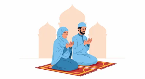 Muslim Couple Praying Illustration with Mosque Background