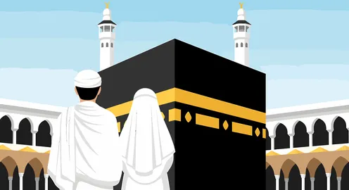 رسم توضيحي لزوجين أمام الكعبة المشرفة بمكة المكرمة