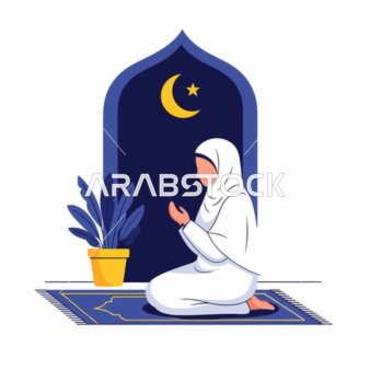 امرأة مسلمة تصلي على السجادة مع الهلال والنجمة