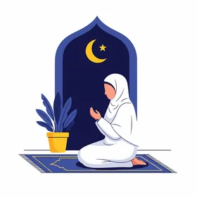 امرأة مسلمة تصلي على السجادة مع الهلال والنجمة
