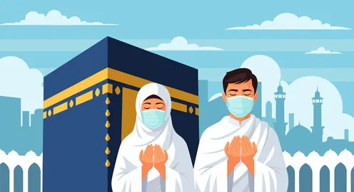 Muslim Pilgrims at Kaaba Wearing Face Masks Illustration