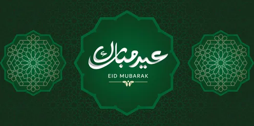 A manuscript of Eid Mubarak in authentic Arabic calligraphy, a greeting card for the happy Eid, vector illustration.