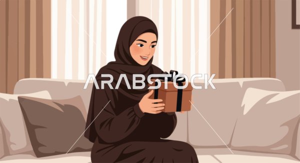 رسم توضيحي لامرأة مسلمة تحمل علبة هدايا في المنزل