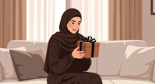 رسم توضيحي لامرأة مسلمة تحمل علبة هدايا في المنزل
