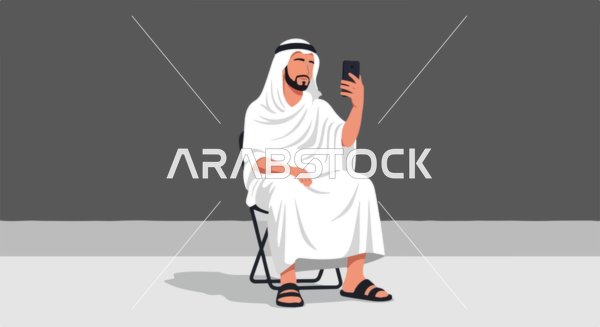 رسم توضيحي لرجل عربي بالثوب يستخدم الهاتف الذكي