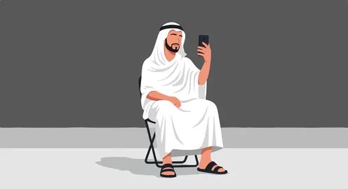 رسم توضيحي لرجل عربي بالثوب يستخدم الهاتف الذكي