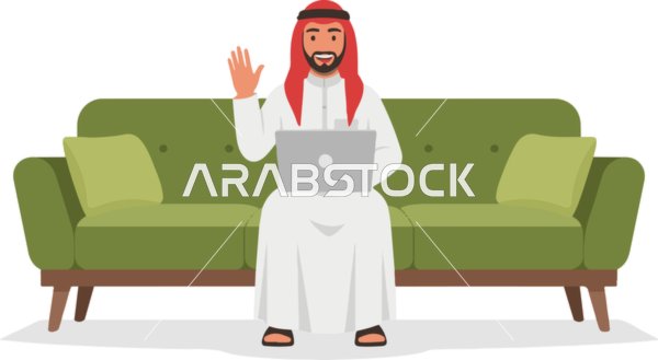 رجل سعودي يستخدم اللابتوب على أريكة خضراء يلوح بيده