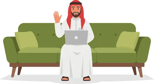 Saudi Man Using Laptop on Green Sofa Waving Hand