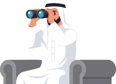 رجل عربي يرتدي الكندورة يستخدم المنظار رسم توضيحي