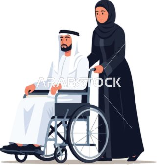 Arab Disabled Man in Wheelchair with Woman Assistant