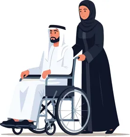Arab Disabled Man in Wheelchair with Woman Assistant
