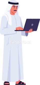 رجل عربي يرتدي الثوب التقليدي يستخدم الحاسوب المحمول