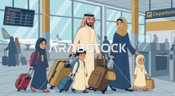 عائلة عربية مع حقائب السفر في صالة المطار