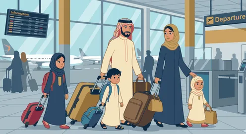 عائلة عربية مع حقائب السفر في صالة المطار