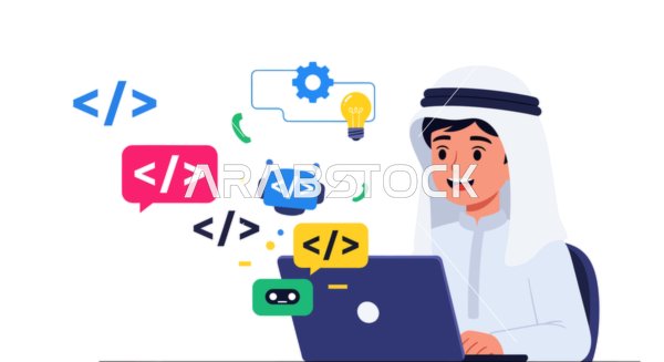 Saudi Male Programmer Working on Laptop Illustration