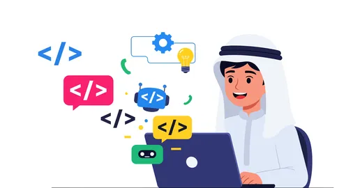 رسم توضيحي لمبرمج سعودي يعمل على جهاز كمبيوتر