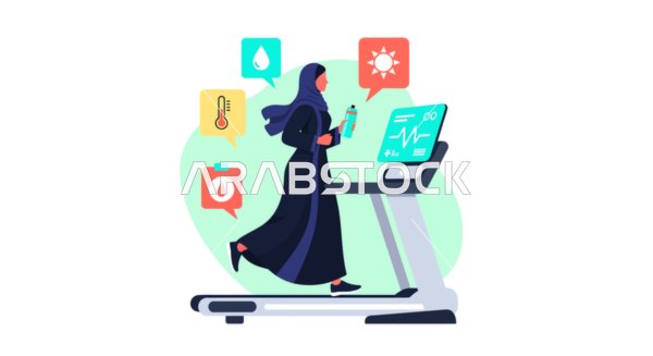 امرأة سعودية بالعباءة تمارس الرياضة على جهاز المشي