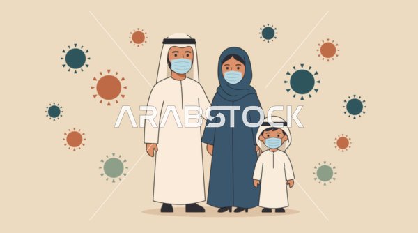 عائلة عربية ترتدي كمامات طبية رسم توضيحي للفيروس