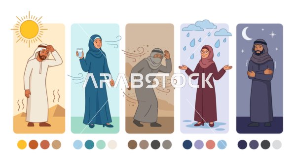 رسم توضيحي للشخصيات العربية في فصول السنة والطقس