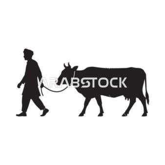 Farmer Leading Cow Silhouette Vector Graphic