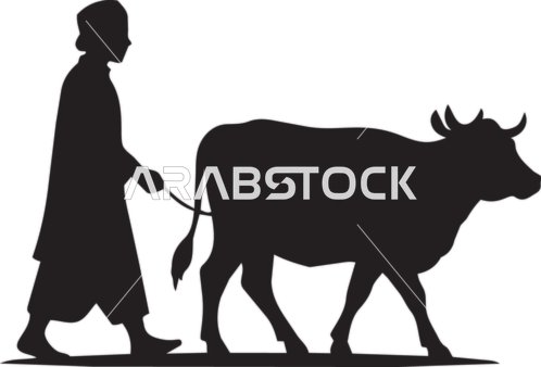 Farmer Leading Cow Silhouette Vector Graphic