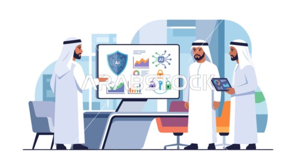 Arab Businessmen Analyzing AI and Cybersecurity Data