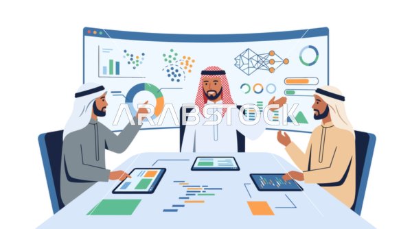 رجال أعمال عرب يناقشون تحليلات البيانات الرقمية