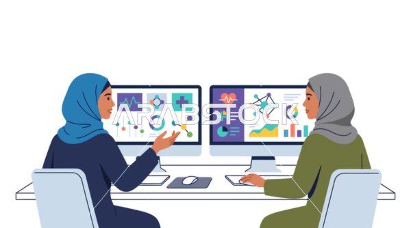 Arab Women Analyzing Medical Data Illustration