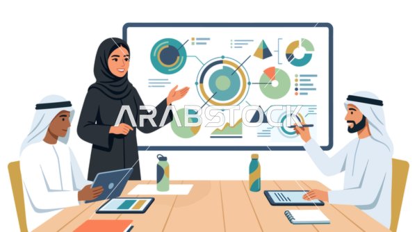 رسم توضيحي لفريق عمل عربي يعرض البيانات