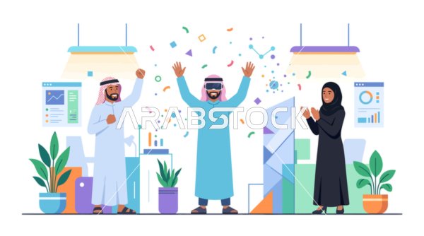 رسم توضيحي لفريق عمل سعودي يحتفل بتقنية الواقع الافتراضي