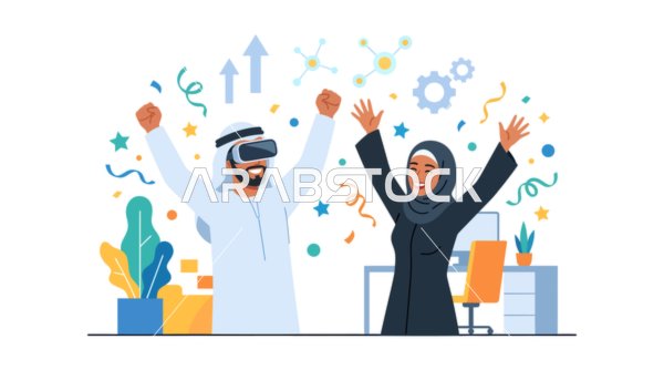 زوجان عربيان يحتفلان بالنجاح مع تقنية الواقع الافتراضي