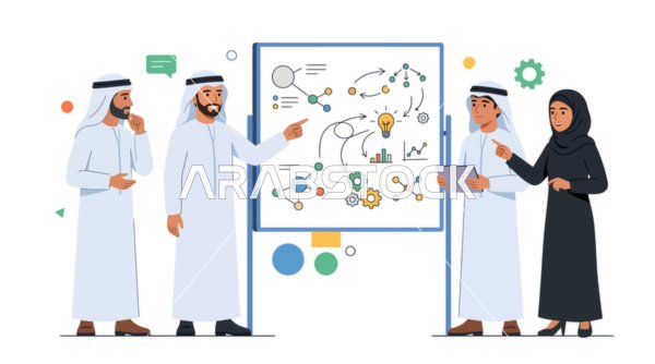 فريق عمل عربي يدير جلسة عصف ذهني حول لوحة بيضاء