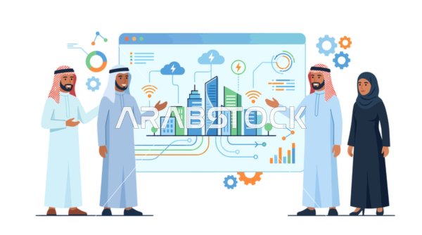 Arab Business Team Smart City Technology Vector Illustration