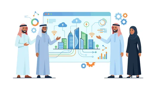 رسم توضيحي لفريق عمل عربي مع مدينة ذكية تقنية رقمية