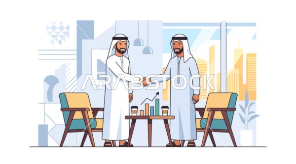 مصافحة رجال أعمال عرب في مكتب حديث