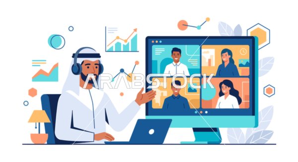 رجل أعمال عربي في اجتماع مرئي وتواصل عبر الإنترنت